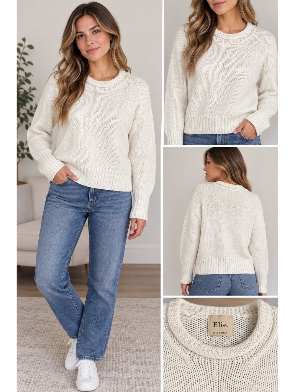 Elie Tahari Women’s White Chunky Knit Cotton Sweater XS Petite Crew Neck